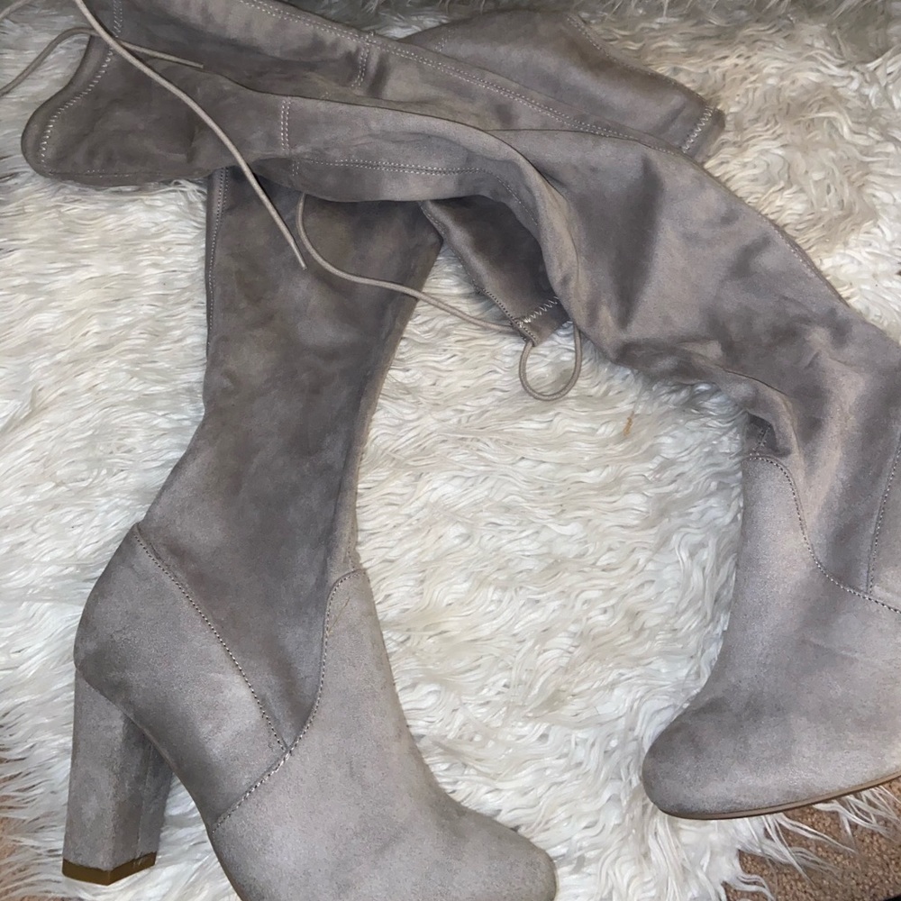 Thigh high gray suede boots